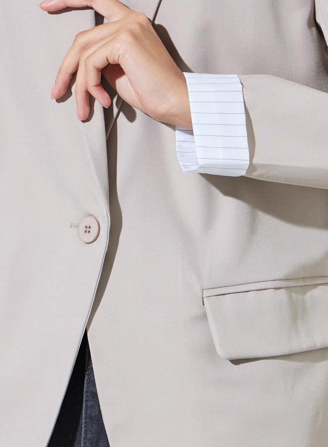 Styli Beige Solid Single Breasted Pocket Details Regular Fit Blazer - Image 3