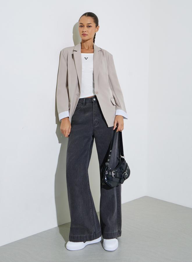 Styli Beige Solid Single Breasted Pocket Details Regular Fit Blazer - Image 2