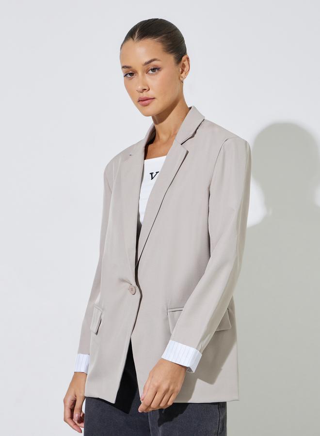 Styli Beige Solid Single Breasted Pocket Details Regular Fit Blazer - Image 5