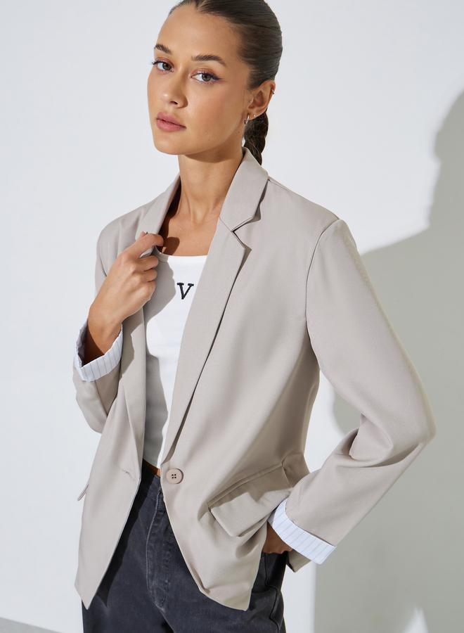 Styli Beige Solid Single Breasted Pocket Details Regular Fit Blazer - Image 1