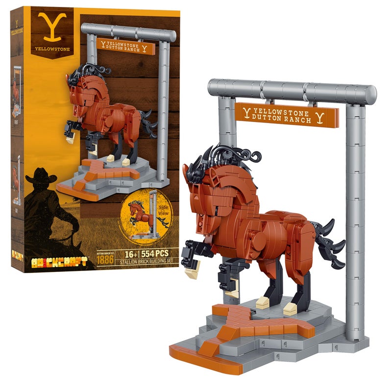 Brickcraft Officially Licensed Yellowstone TV Show Dutton Ranch Stallion Horse on a Horse Stable Stand 554 Pieces Multicolored Brick Building Set - Image 3