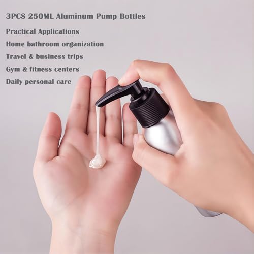 VANTOBEST 3Pcs Silver Aluminum Lotion Pump Bottles with Black PP Pump Head Empty Cosmetic Contaniner Storage Jar Makeup Dispenser for Emulsion Lotion Shampoo Bath Shower (250ml/8.5oz) - Image 4