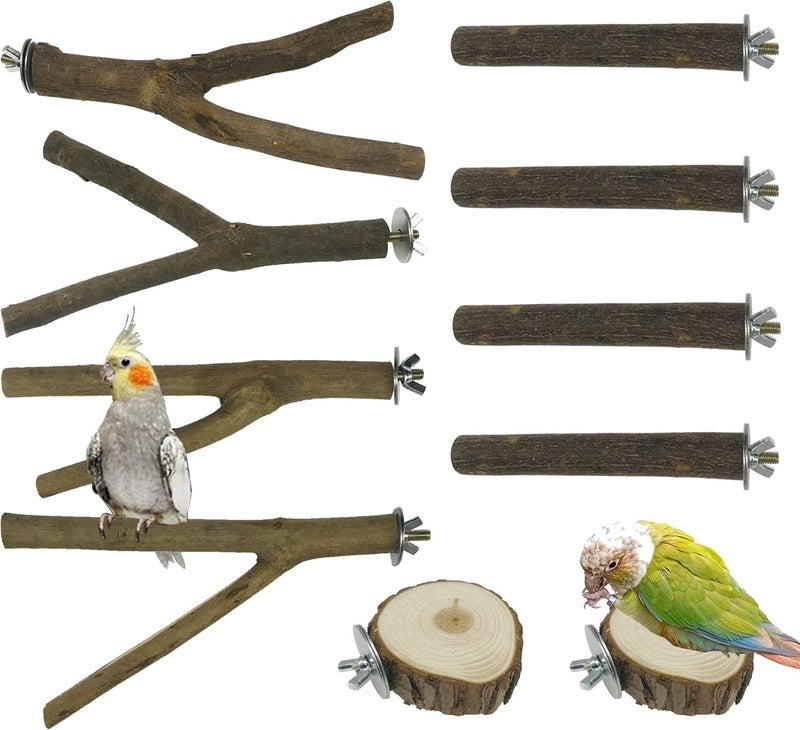 Allazone NA 10 PCS Natural Wood Bird Perch Stand, Bird Parrot Perch Stand Set, Wooden Parrot Perch Stand Perch Platform Cage Accessories for Parrotlets Cockatiels Budgies Parakeets - Image 1