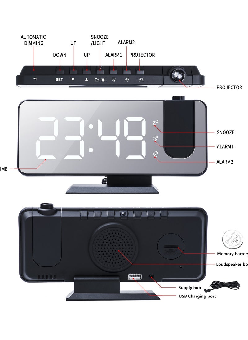 Joshberg - Projection LED Digital Alarm Clock,LED Mirror Display Radio Alarm Clock,Dual Smart Alarm with Projection on Ceiling,Black - Image 1