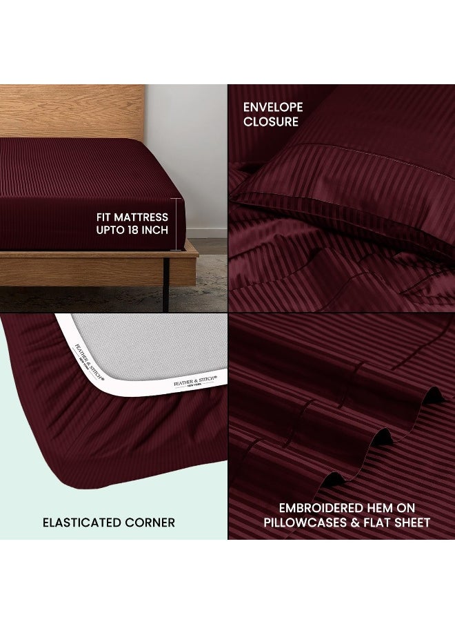 Generic FEATHER & STITCH NEW YORK 100% Cotton 1 Piece Damask Stripe Full Fitted Sheet 500 Thread Count Burgundy 18 Extra Deep Pocket Luxury Sateen Weave Stretchable Boxer Elastic Fits Mattress Perfectly  - Image 2
