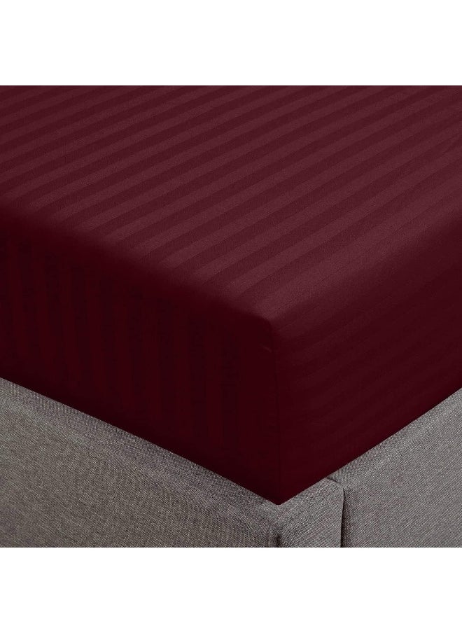 Generic FEATHER & STITCH NEW YORK 100% Cotton 1 Piece Damask Stripe Full Fitted Sheet 500 Thread Count Burgundy 18 Extra Deep Pocket Luxury Sateen Weave Stretchable Boxer Elastic Fits Mattress Perfectly  - Image 1