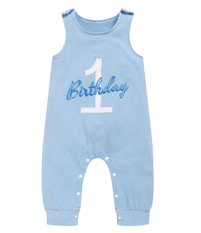 Viworld Baby Boy 1st Birthday Romper Infant Ribbed Jumpsuit Embroidery One Year Old Cake Smash Outfits (Sky Blue,9-12M) - Image 1