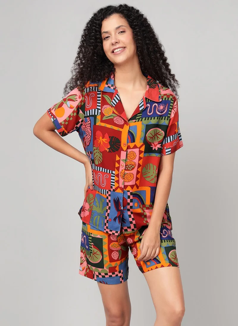 Clovia Clovia Abstract Print Button-Down Shirt & Shorts Set in Multicolour - Rayon