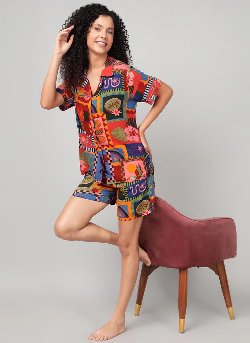 Clovia Clovia Abstract Print Button-Down Shirt & Shorts Set in Multicolour - Rayon