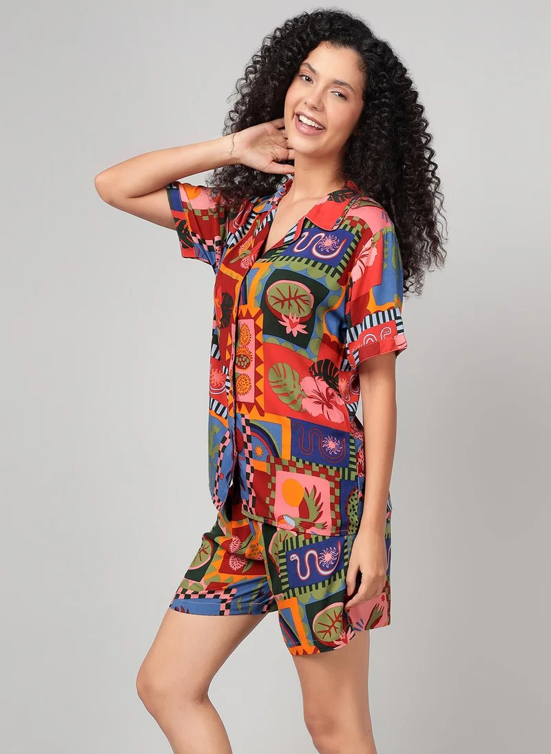 Clovia Clovia Abstract Print Button-Down Shirt & Shorts Set in Multicolour - Rayon