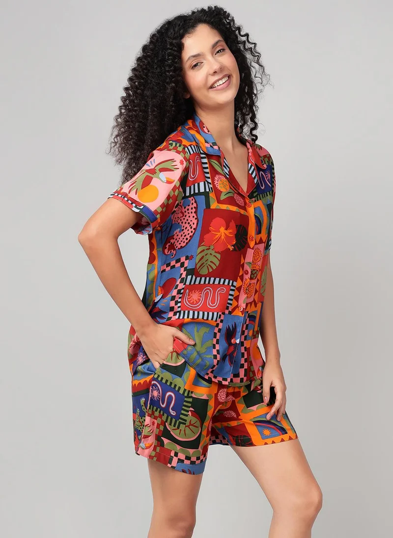 Clovia Clovia Abstract Print Button-Down Shirt & Shorts Set in Multicolour - Rayon