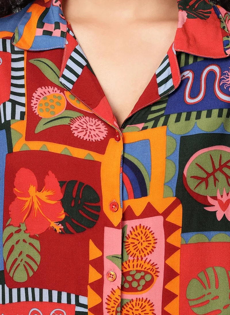 Clovia Clovia Abstract Print Button-Down Shirt & Shorts Set in Multicolour - Rayon