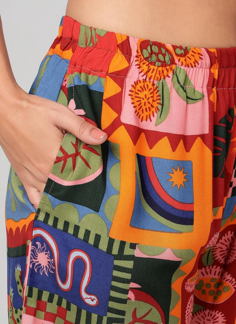 Clovia Clovia Abstract Print Button-Down Shirt & Shorts Set in Multicolour - Rayon