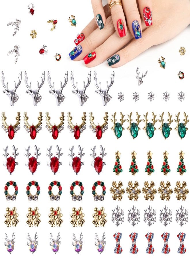 EBANKU 60 Pcs Nail Charms Decorations 3D Colorful Charms for Nails Alloy Christmas Tree Bell Elk Snowflake Nail Art Charms Rhinestones Christmas Santa Gems Jewels DIY Nail Art Decoration - Image 1