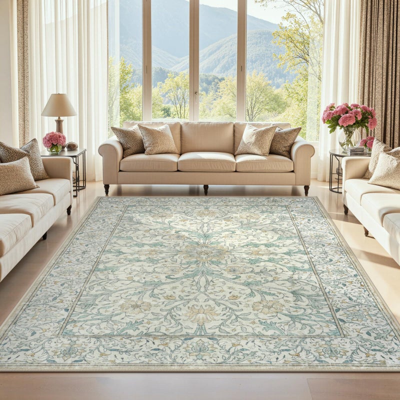 Collive 8x10 Area Rugs for Living Room, Washable Floral Bedroom Rug, Vintage Neutral Non Slip Low Pile Throw Large Carpet, Soft Retro Distressed Rugs for Dining Room Office, Ivory/Light Turquoise - Image 2