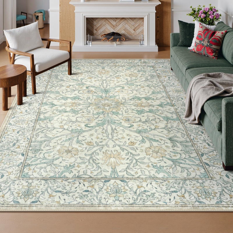 Collive 8x10 Area Rugs for Living Room, Washable Floral Bedroom Rug, Vintage Neutral Non Slip Low Pile Throw Large Carpet, Soft Retro Distressed Rugs for Dining Room Office, Ivory/Light Turquoise - Image 1