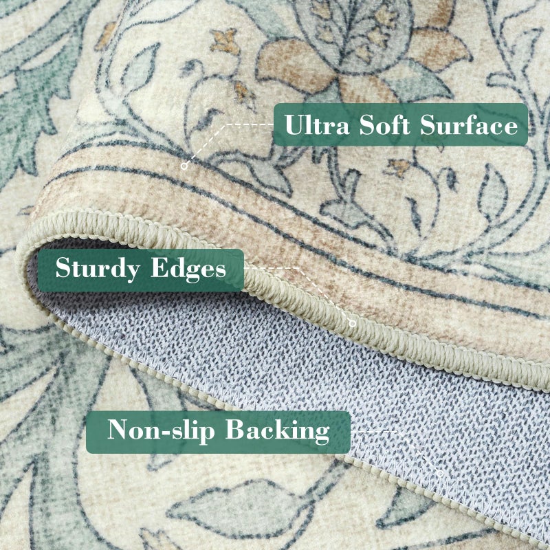 Collive 8x10 Area Rugs for Living Room, Washable Floral Bedroom Rug, Vintage Neutral Non Slip Low Pile Throw Large Carpet, Soft Retro Distressed Rugs for Dining Room Office, Ivory/Light Turquoise - Image 4