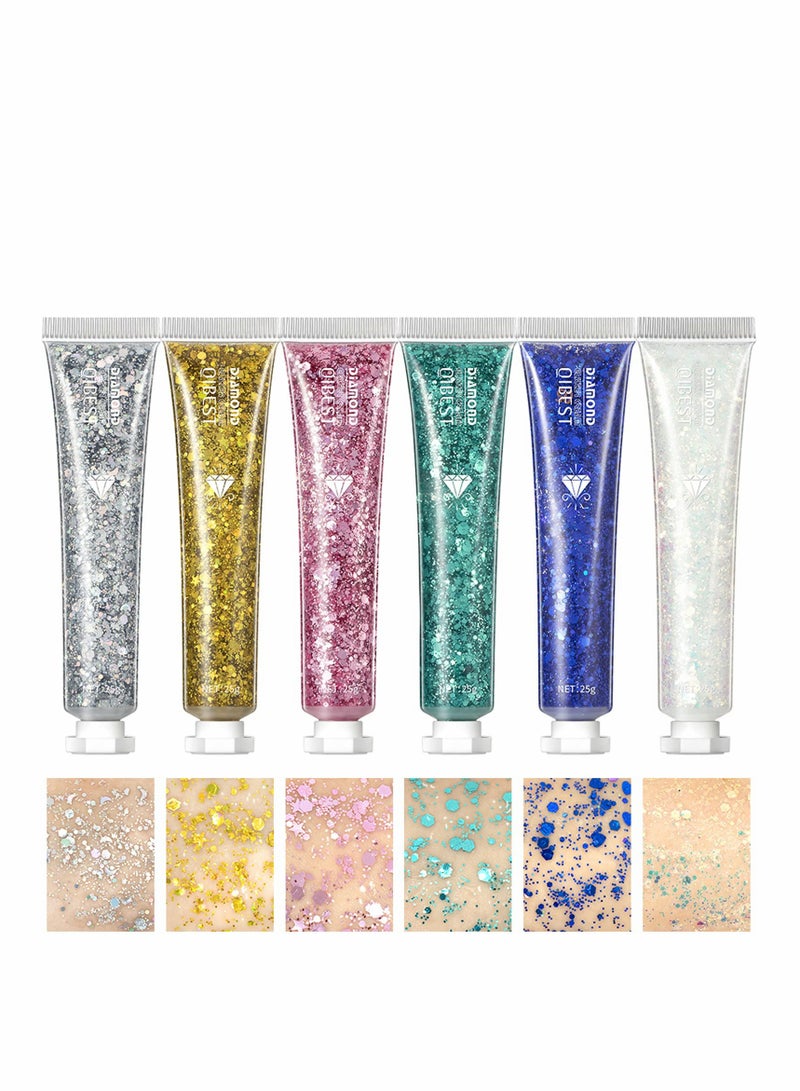 Body Glitter Gel, 6 Pack, Face Glitter for Body, Eye, Hair, Nails, Long Lasting Sparkling Mermaid Chunky Glitter Gel for Festival Art Party - Image 1