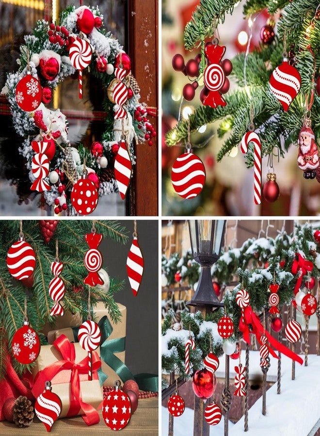 Fayoo Christmas Candy Lollipop Ornaments Set -24Pcs for Xmas Tree Decoration Wooden Hanging Peppermint Candy Cane Ball Pendants for New Year Home Decor Party Supplies (Red) - Image 4