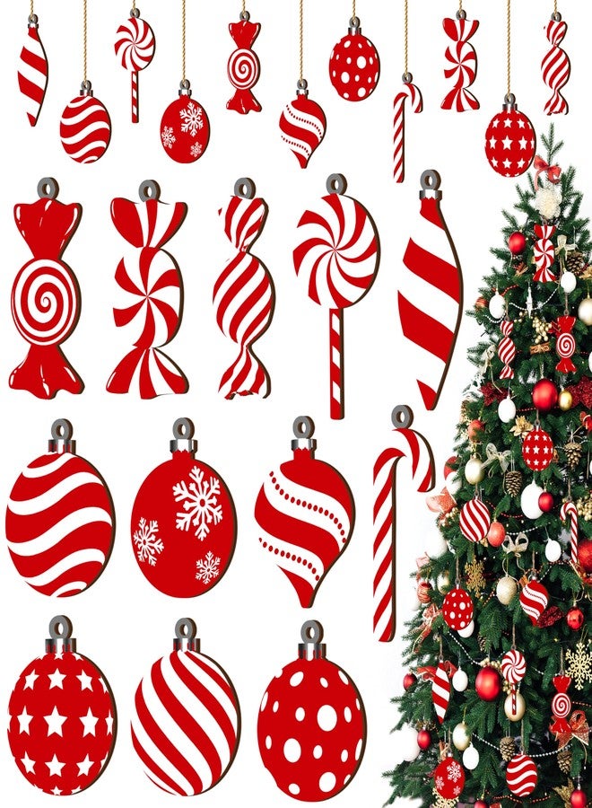 Fayoo Christmas Candy Lollipop Ornaments Set -24Pcs for Xmas Tree Decoration Wooden Hanging Peppermint Candy Cane Ball Pendants for New Year Home Decor Party Supplies (Red) - Image 1