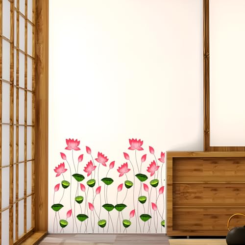 Monk Wish Lotus Flower Wall Decal, Pink and Green Floral Design, 60 x 51 cm, Decorative Wall Sticker - Image 2