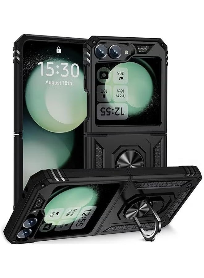 جراب لهاتف سامسونج جالاكسي Z Flip 6، جراب مقاوم للصدمات والسقوط، حماية مزدوجة الطبقات من مادة TPU والبولي كربونات، غطاء هاتف صلب ومتين، مزود بحلقة دوارة مدمجة بزاوية 360 درجة (أسود). - Image 1
