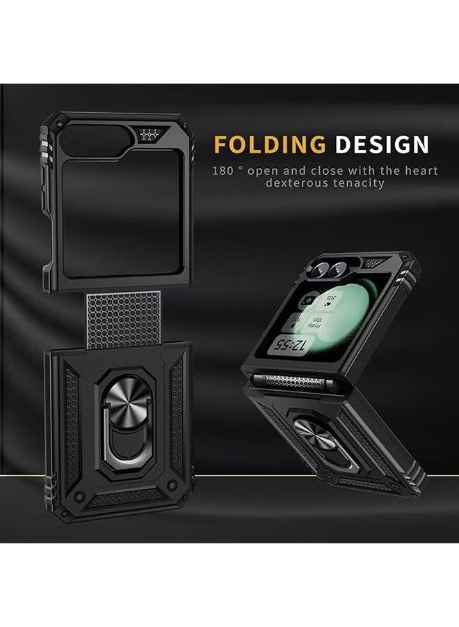 جراب لهاتف سامسونج جالاكسي Z Flip 6، جراب مقاوم للصدمات والسقوط، حماية مزدوجة الطبقات من مادة TPU والبولي كربونات، غطاء هاتف صلب ومتين، مزود بحلقة دوارة مدمجة بزاوية 360 درجة (أسود). - Image 2