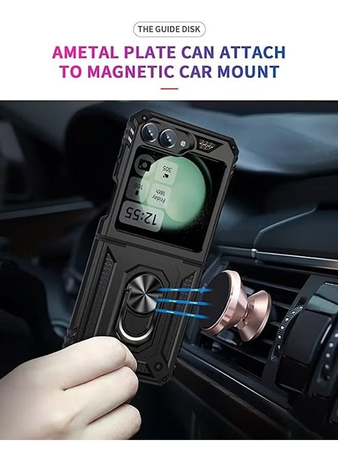 جراب لهاتف سامسونج جالاكسي Z Flip 6، جراب مقاوم للصدمات والسقوط، حماية مزدوجة الطبقات من مادة TPU والبولي كربونات، غطاء هاتف صلب ومتين، مزود بحلقة دوارة مدمجة بزاوية 360 درجة (أسود). - Image 3