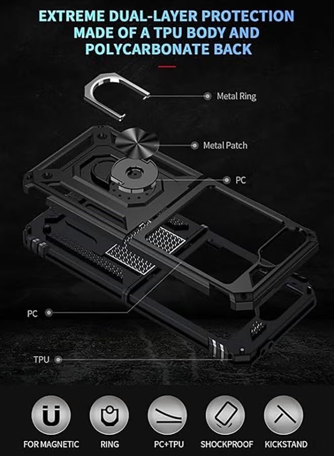 جراب لهاتف سامسونج جالاكسي Z Flip 6، جراب مقاوم للصدمات والسقوط، حماية مزدوجة الطبقات من مادة TPU والبولي كربونات، غطاء هاتف صلب ومتين، مزود بحلقة دوارة مدمجة بزاوية 360 درجة (أسود). - Image 4