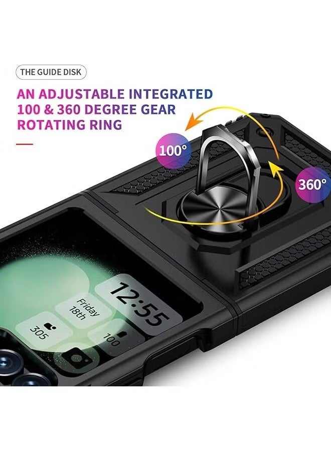 جراب لهاتف سامسونج جالاكسي Z Flip 6، جراب مقاوم للصدمات والسقوط، حماية مزدوجة الطبقات من مادة TPU والبولي كربونات، غطاء هاتف صلب ومتين، مزود بحلقة دوارة مدمجة بزاوية 360 درجة (أسود). - Image 5