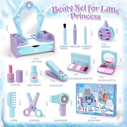 Toyssa Wooden Kids Vanity Set for Girls Pretend Makeup Play Vanity for Toddlers 35 Beauty Salon Play Set Toys with Big Mirror Princess Birthday for Girls Ages 3 4 5 6 Years Old - Image 5