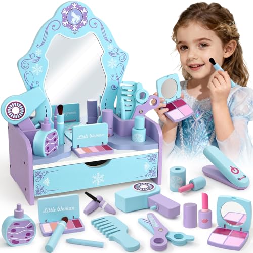 Toyssa Wooden Kids Vanity Set for Girls Pretend Makeup Play Vanity for Toddlers 35 Beauty Salon Play Set Toys with Big Mirror Princess Birthday for Girls Ages 3 4 5 6 Years Old - Image 1