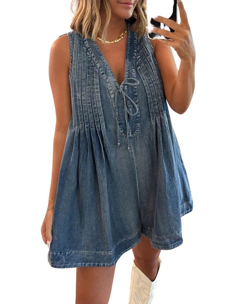 utcoco Womens Summer Casual Sleeveless Denim Romper Tie Front V Neck Jean Overall Shorts Romper With Pockets (Large, Dark Blue) - Image 1