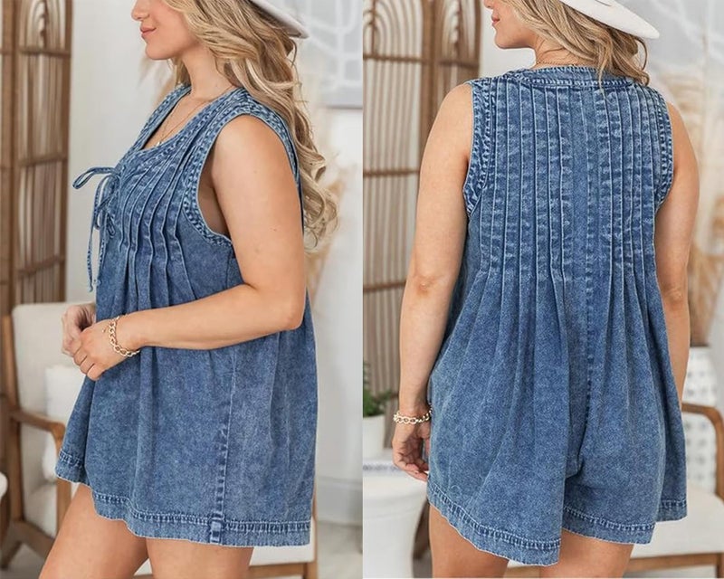 utcoco Womens Summer Casual Sleeveless Denim Romper Tie Front V Neck Jean Overall Shorts Romper With Pockets (Large, Dark Blue) - Image 4