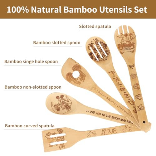 Deikoliuna Wooden Spoon for Cooking- Cartoon Wooden Spoons Bamboo Utensils Set Kitchen Decoration- Birthday Gift Kitchen Accessory with Cute Apron Oven Mitt Potholder- Best Kitchen Gifts for Women Friends (Grey) - Image 2