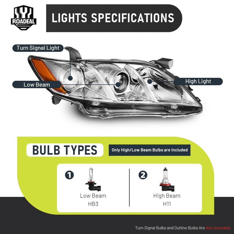 ROADEAL Headlights W/Bulbs for 2007 2008 2009 Toyota Camry Halogen Headlamp Replacement Driver & Passenger Side (Not fit Hybird Models) - Image 3