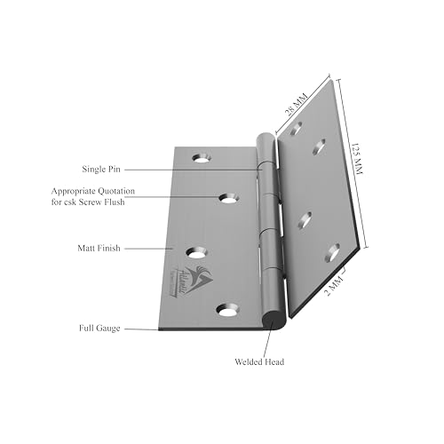 Atlantic Window Door Hinges 5 Inch x 14 Gauge/2 MM Thickness Home, Office, Hotel for Main Window Door, Bedroom, Kitchen, Bathroom, Premium Stainless Steel Welded Head (Matt Finish, Pack of 24 Pcs) - Image 4