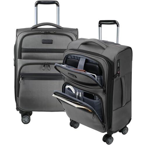 KROSER Softside Expandable Carry On Luggage with Front Business Pockets20 Inch Suitcases with Spinner Wheels Builtin TSA Lock Durable Suitcase Rolling Luggage with USB Port Grey - Image 1