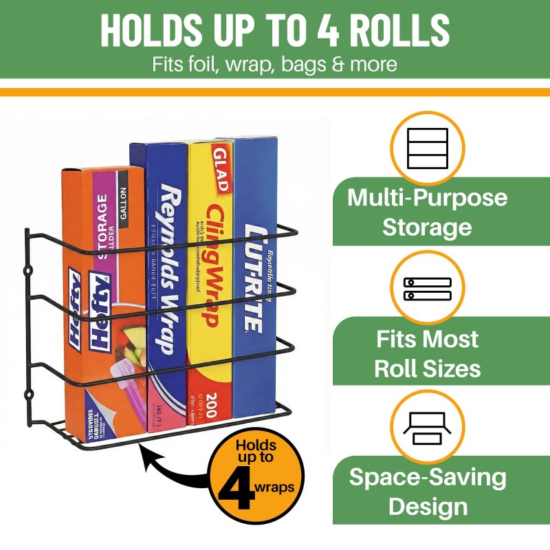 Evelots Kitchen Wrap Organizer - 2 Pack - Hold up to 4 Plastic, Foil, Paper, Wax - Cabinet Door, Wall Rack Basket - Sandwich, Freezer, Food Bag Storage - Laundry Supplies - Black - Image 2