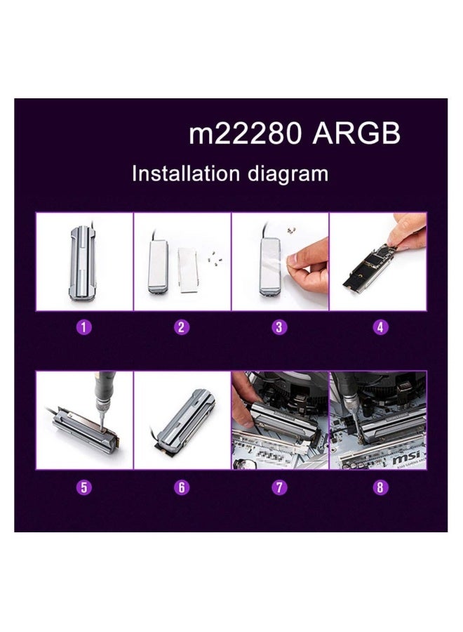 مبرد حراري لموديل M.2 2280، مبردات SSD بألوان ARGB مع وسادة حرارية 5 فولت وموصل 3 بن، لتبريد الأقراص الحالة الصلبة، تحقيق تأثيرات ثابتة بلون واحد ودورات بألوان متعددة. - Image 5