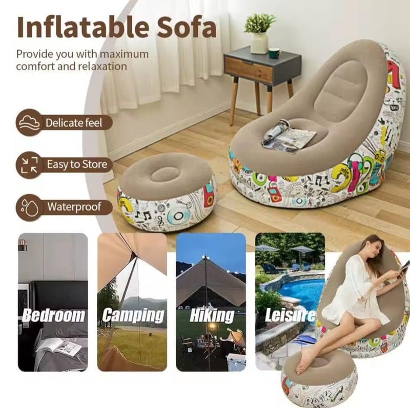 Inflatable Chair and Foot Rest Set (2 Pieces) - Velvet Relaxing Sofa for Living Room, Camping, Beach - Multicolor (With Blower Gift) (Brown) - Image 5