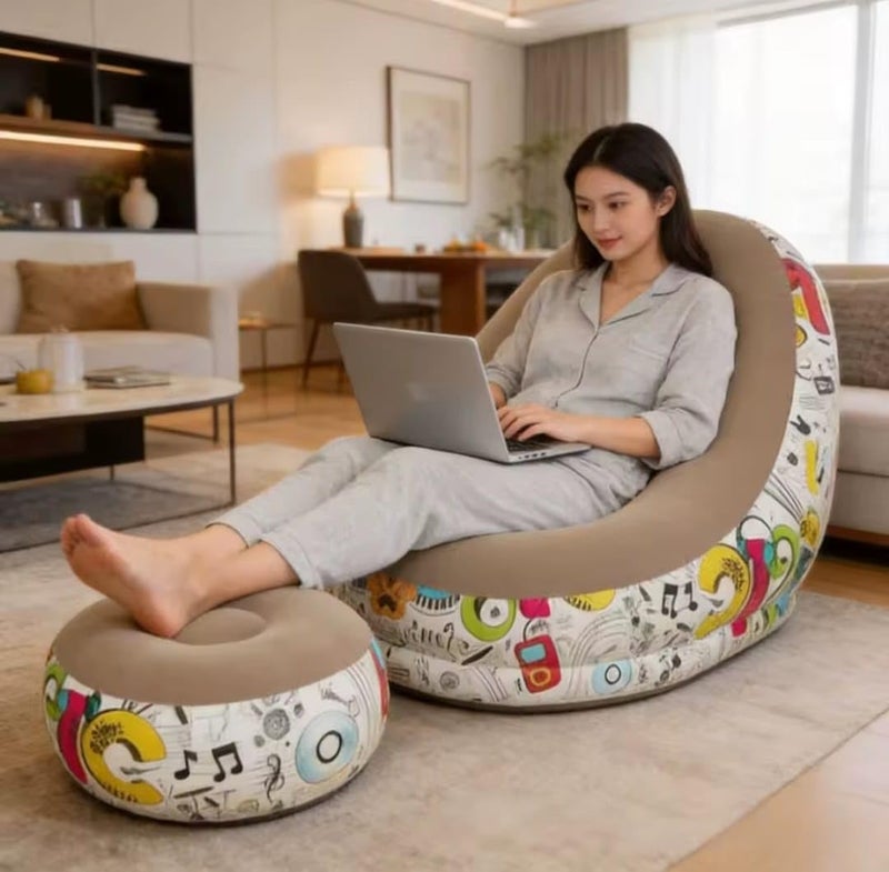 Inflatable Chair and Foot Rest Set (2 Pieces) - Velvet Relaxing Sofa for Living Room, Camping, Beach - Multicolor (With Blower Gift) (Brown) - Image 1