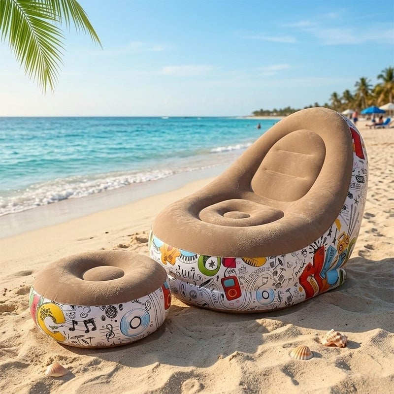 Inflatable Chair and Foot Rest Set (2 Pieces) - Velvet Relaxing Sofa for Living Room, Camping, Beach - Multicolor (With Blower Gift) (Brown) - Image 4