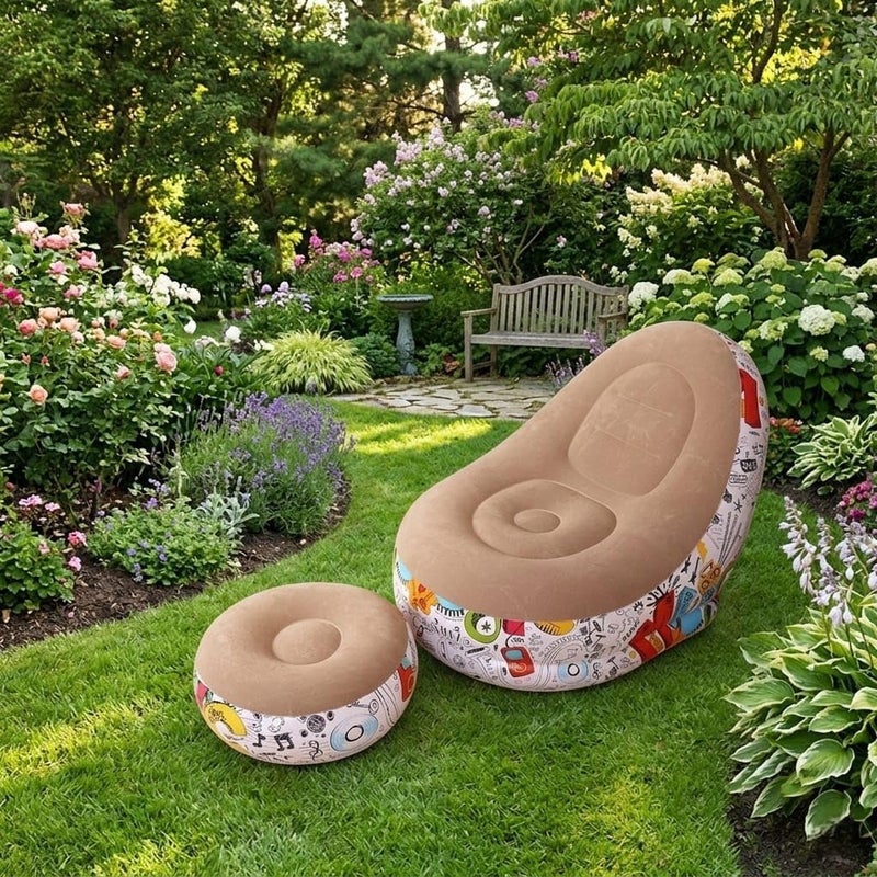 Inflatable Chair and Foot Rest Set (2 Pieces) - Velvet Relaxing Sofa for Living Room, Camping, Beach - Multicolor (With Blower Gift) (Brown) - Image 2
