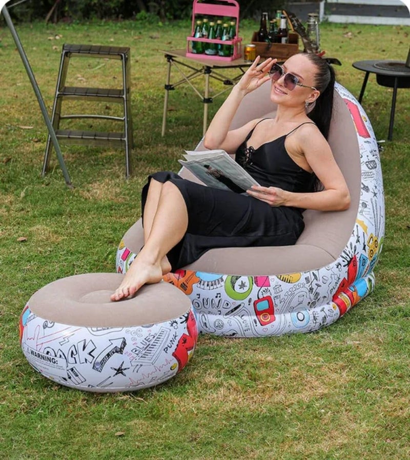 Inflatable Chair and Foot Rest Set (2 Pieces) - Velvet Relaxing Sofa for Living Room, Camping, Beach - Multicolor (With Blower Gift) (Brown) - Image 3