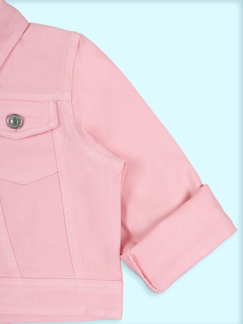 KiddoPanti Girls Solid Full Sleeve Colllar Neck Front Button Open Crop Length Denim Jacket, Pink - 4-6Y - Image 4