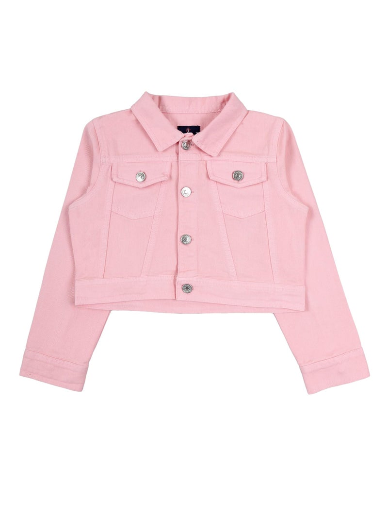KiddoPanti Girls Solid Full Sleeve Colllar Neck Front Button Open Crop Length Denim Jacket, Pink - 4-6Y - Image 1