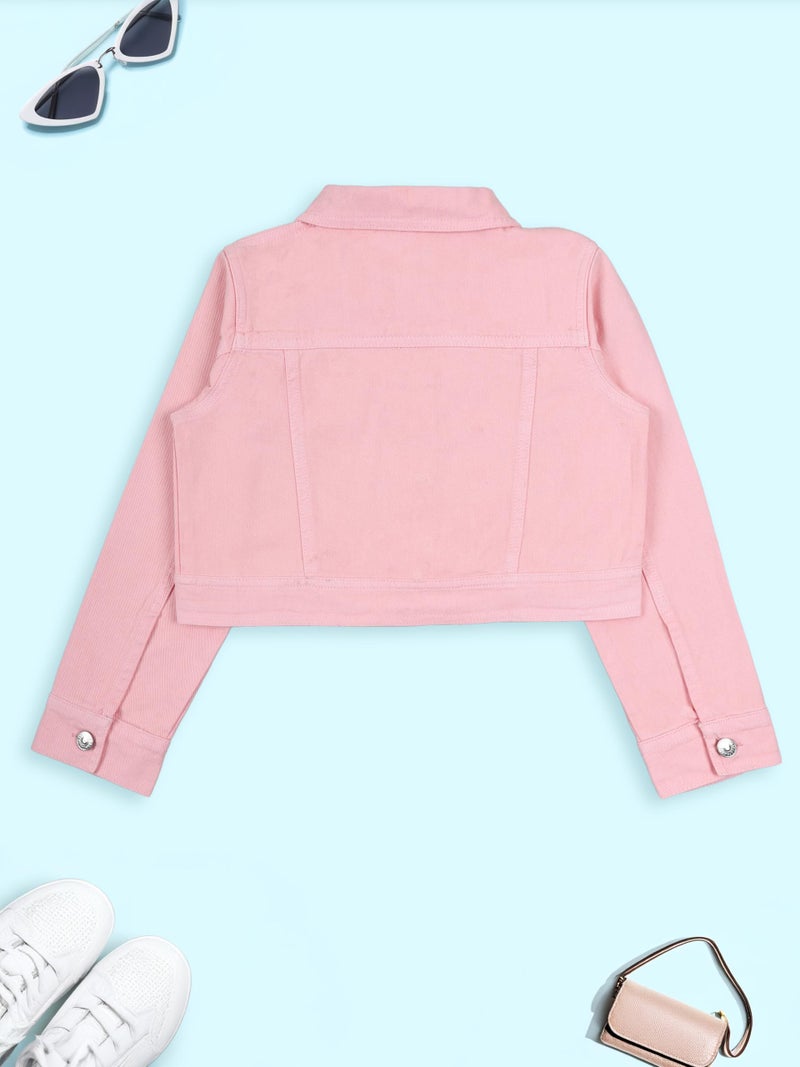 KiddoPanti Girls Solid Full Sleeve Colllar Neck Front Button Open Crop Length Denim Jacket, Pink - 4-6Y - Image 3