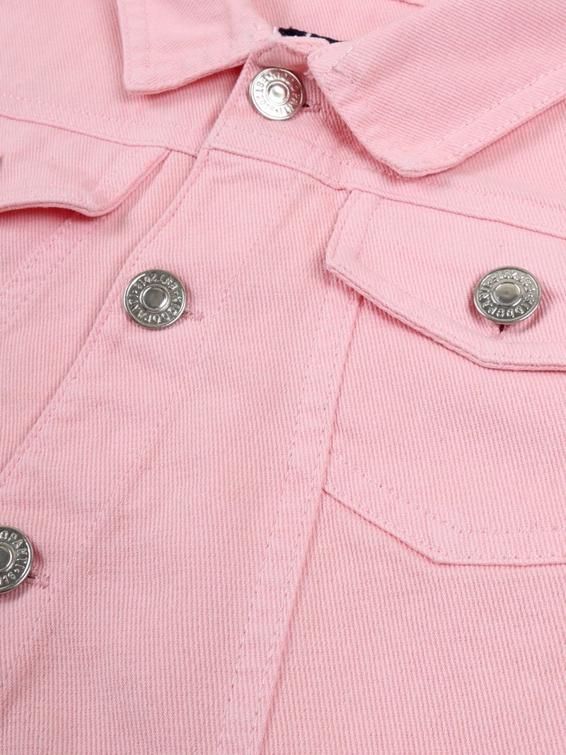 KiddoPanti Girls Solid Full Sleeve Colllar Neck Front Button Open Crop Length Denim Jacket, Pink - 4-6Y - Image 5