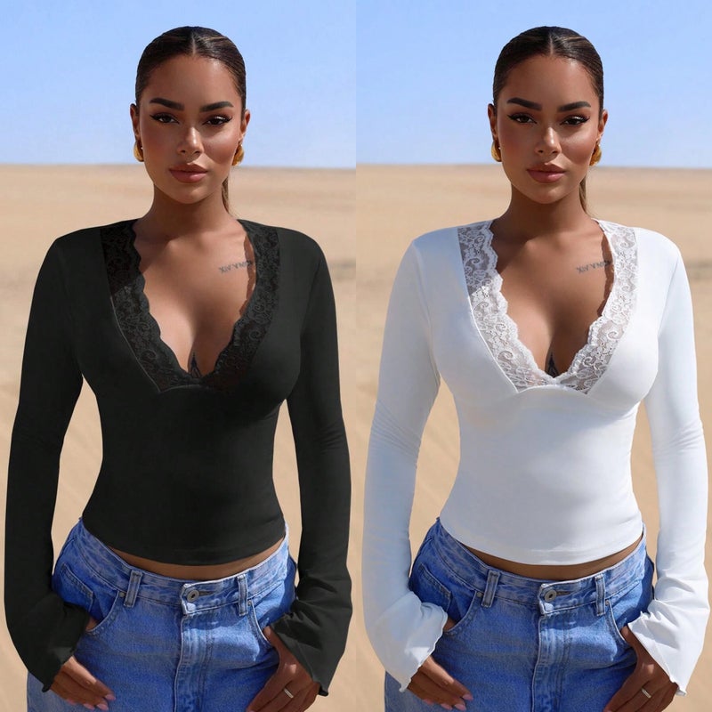 تيشيرت نسائي بياقة V مع زينة دانتيل بأكمام طويلة بقصة ضيقة - Image 4